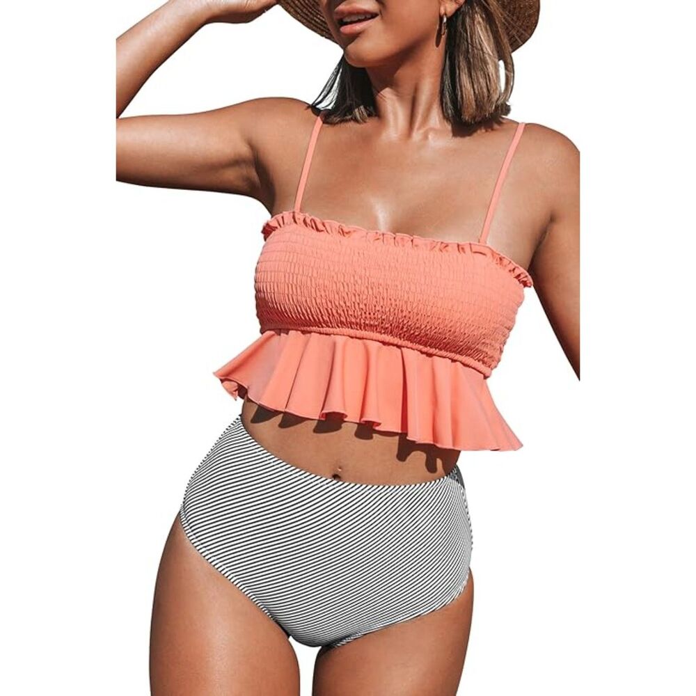 NWT CUPSHE Women's High Waist Bikini Swimsuit Ruffle in Peach